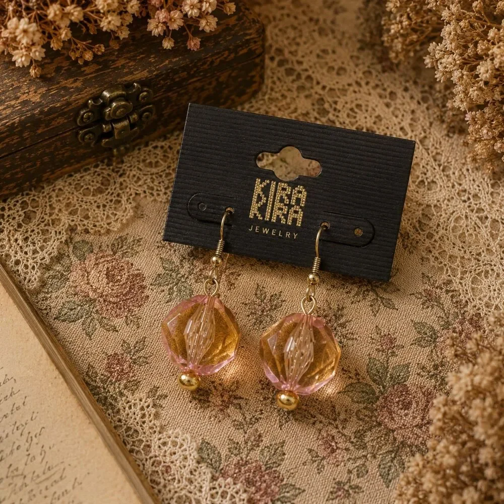 Kira Kira Pink Faceted Bead Dangle Earrings, Gold Tone Drop Earrings, Y2K Look